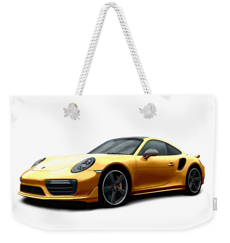 Hand Drawn Weekender Tote Bag featuring the digital art Porsche 911 991 Turbo S Digitally Drawn - Gold by Moospeed Art