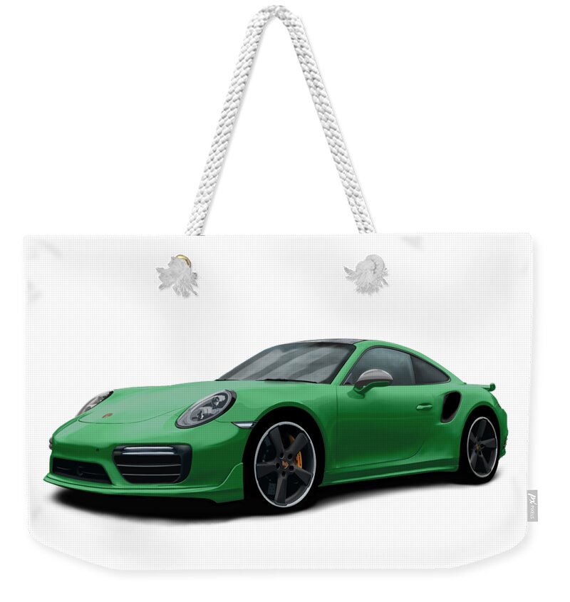 Hand Drawn Weekender Tote Bag featuring the digital art Porsche 911 991 Turbo S Digitally Drawn - Green by Moospeed Art