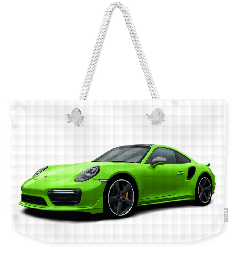 Hand Drawn Weekender Tote Bag featuring the digital art Porsche 911 991 Turbo S Digitally Drawn - Light Green by Moospeed Art