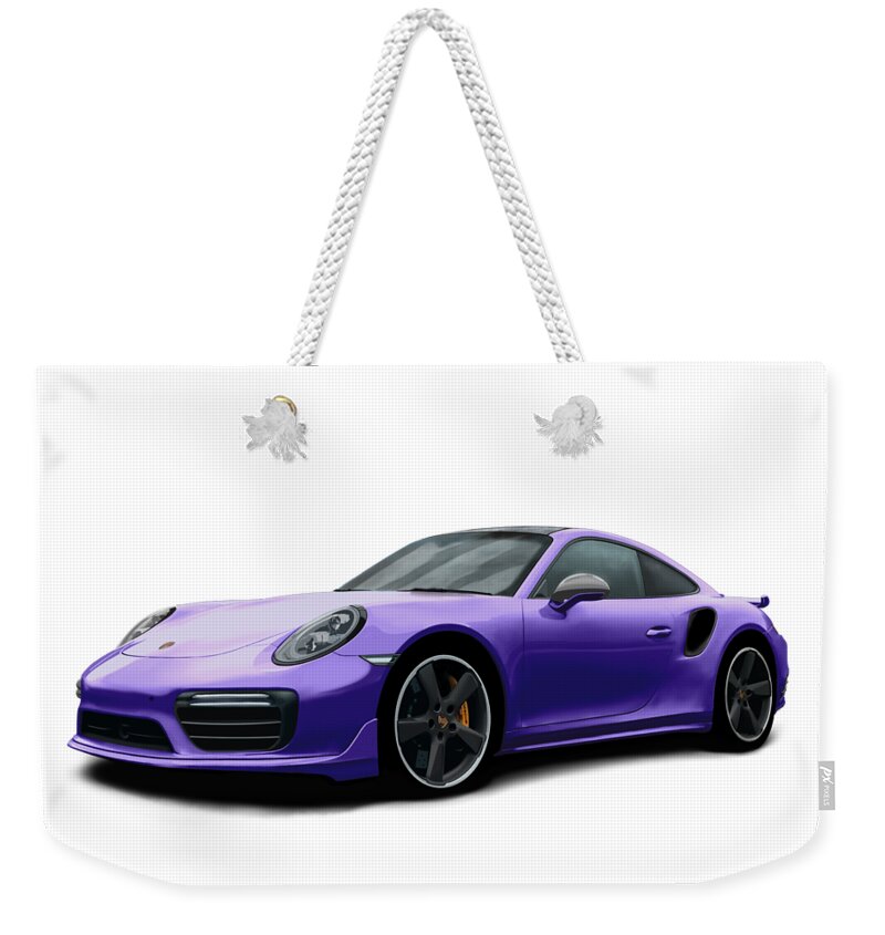 Hand Drawn Weekender Tote Bag featuring the digital art Porsche 911 991 Turbo S Digitally Drawn - Purple by Moospeed Art