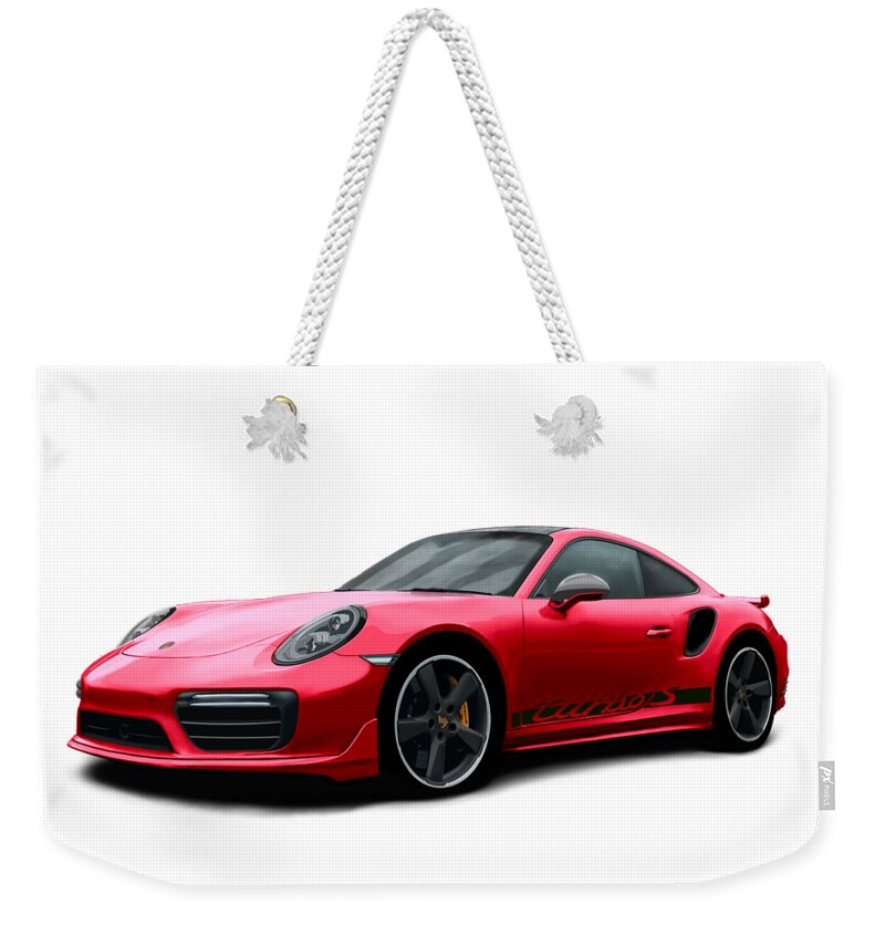 Hand Drawn Weekender Tote Bag featuring the digital art Porsche 911 991 Turbo S Digitally Drawn - Red with side decals script by Moospeed Art