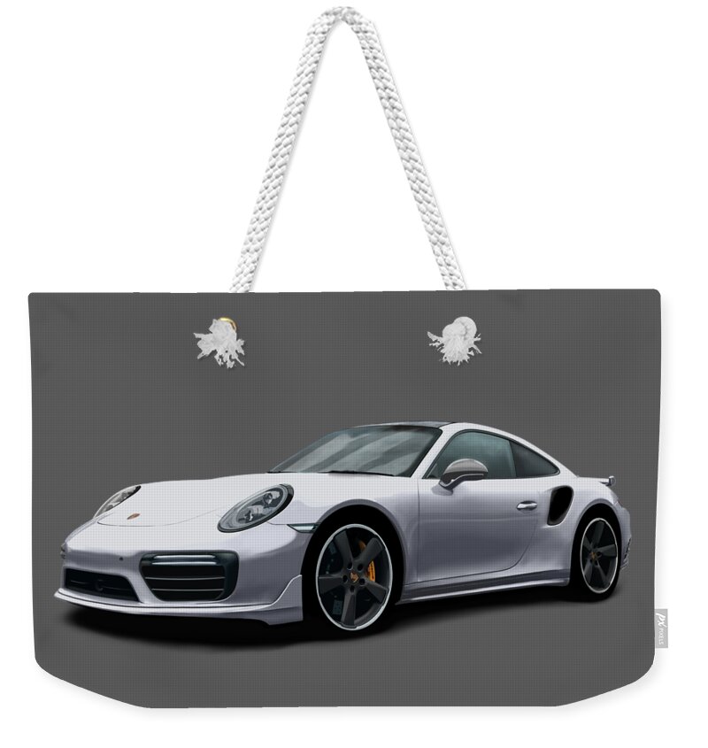 Hand Drawn Weekender Tote Bag featuring the digital art Porsche 911 991 Turbo S Digitally Drawn - Silver by Moospeed Art