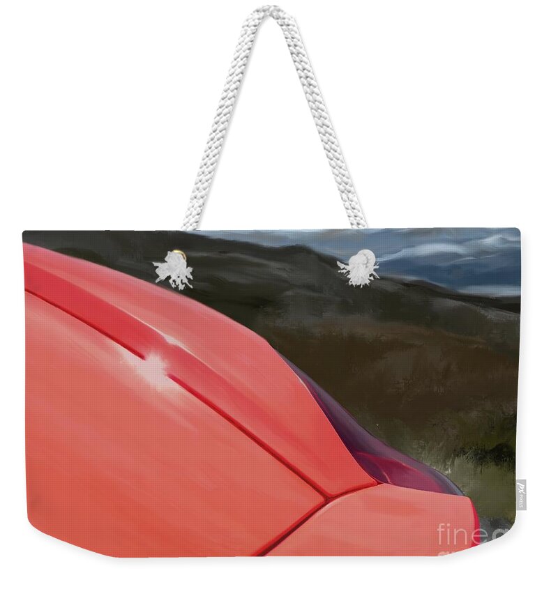 Hand Drawn Weekender Tote Bag featuring the digital art Porsche Boxster 981 Curves Digital Oil Painting - Cherry Red by Moospeed Art