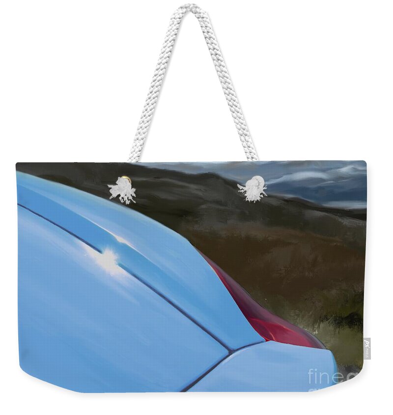 Hand Drawn Weekender Tote Bag featuring the digital art Porsche Boxster 981 Curves Digital Oil Painting - French Blue by Moospeed Art