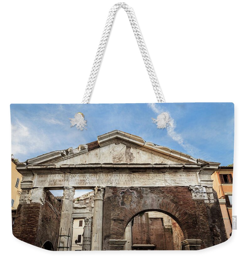 Ancient Weekender Tote Bag featuring the photograph Porticus Octaviae in Rome, Italy by Fabiano Di Paolo
