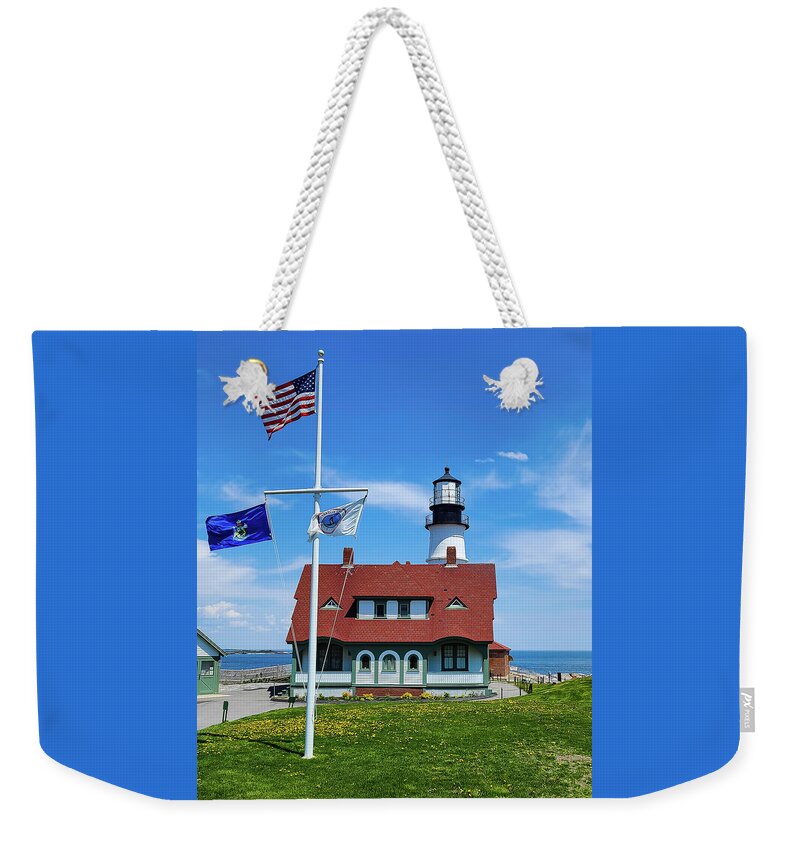 Portland Head Weekender Tote Bag featuring the photograph Portland Head Lighthouse and Keeper's House by Ron Long Ltd Photography