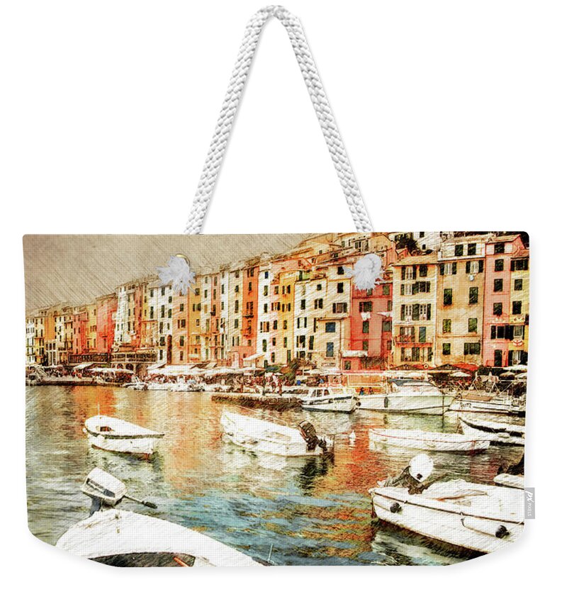 Portovenere Weekender Tote Bag featuring the painting Portovenere Italy landscape painting #italy by Justyna Jaszke JBJart