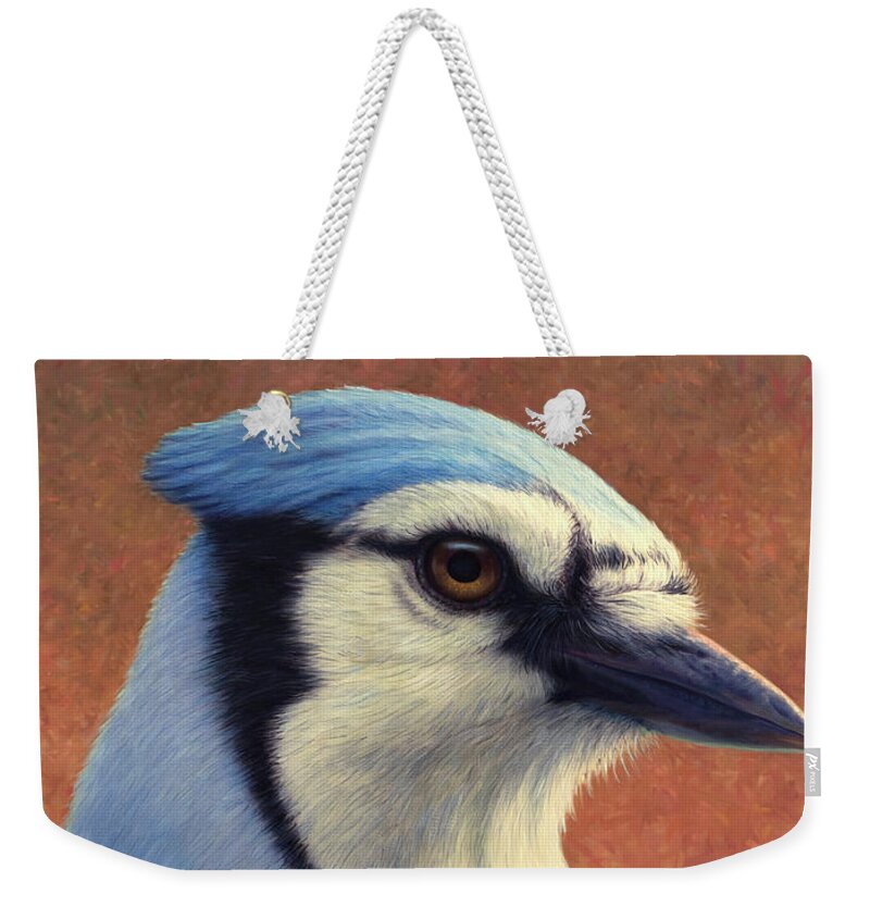 Bluejay Weekender Tote Bag featuring the painting Portrait of a Bluejay by James W Johnson