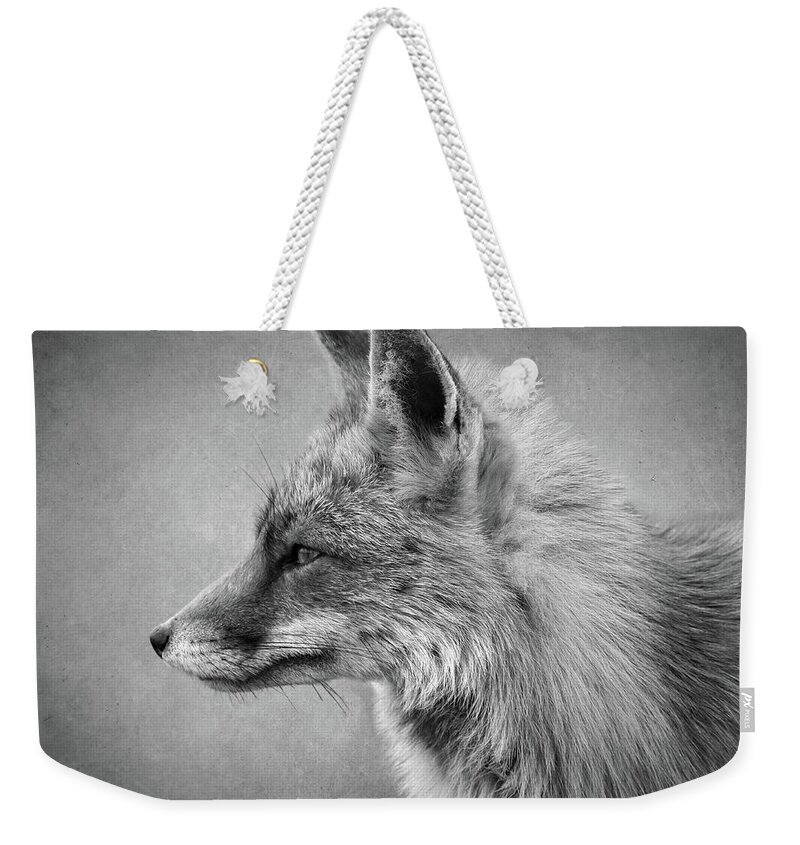 Foc Weekender Tote Bag featuring the digital art Portrait of a fox in black and white by Marjolein Van Middelkoop