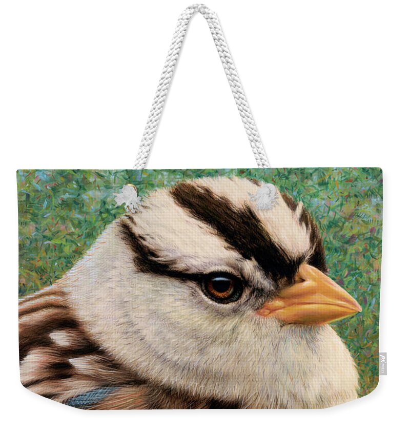 Sparrow Weekender Tote Bag featuring the painting Portrait of a Sparrow by James W Johnson