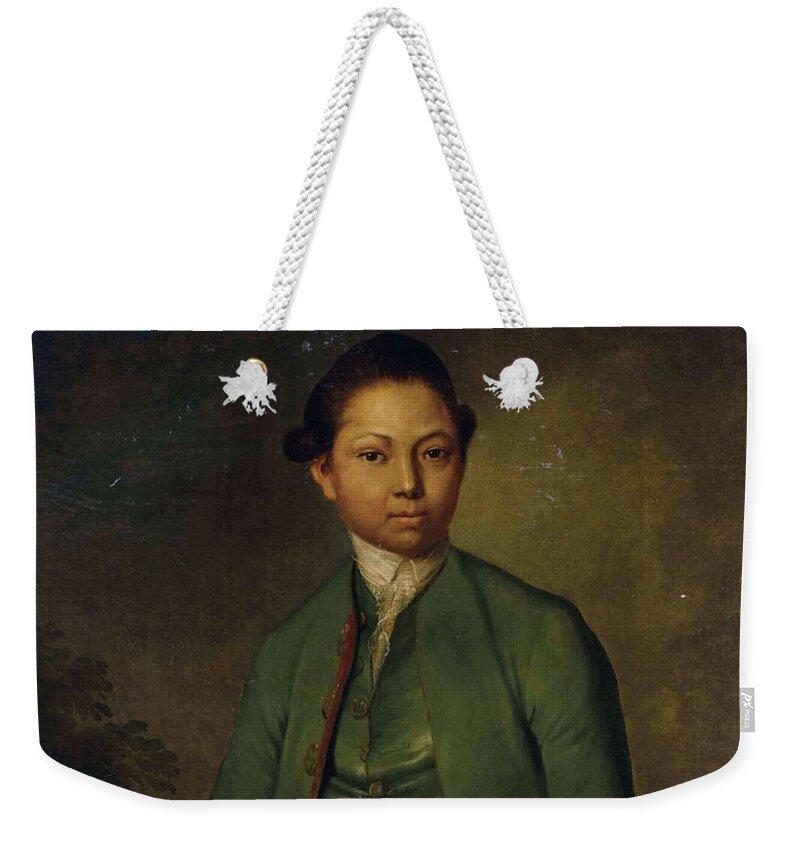 Art History Weekender Tote Bag featuring the painting Portrait of a young man wearing a green jacket holding a cane by J Schult
