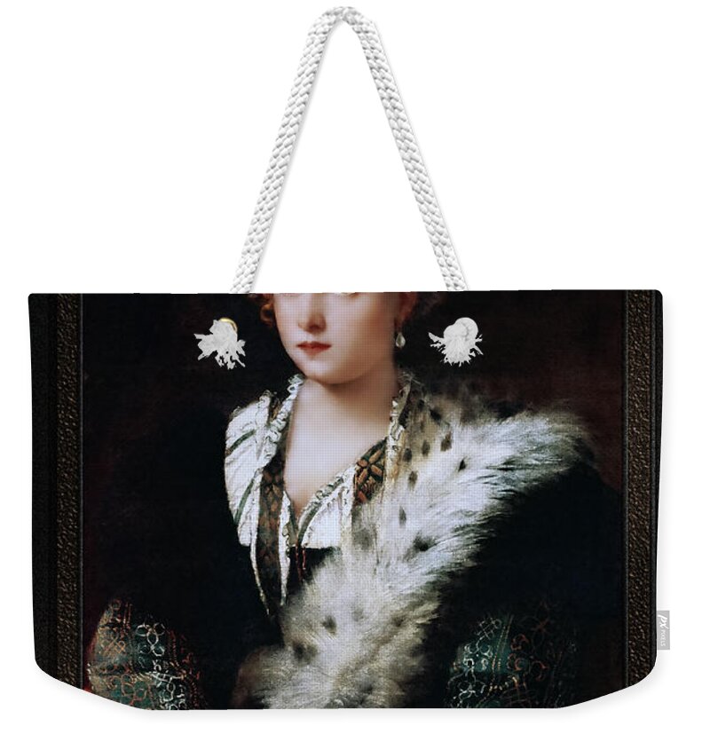 Portrait D`isabella D`este Weekender Tote Bag featuring the painting Portrait of Isabel of Este by Tiziano Vecellio by Tiziano Vecellio Fine Art Old Masters Reproduction by Rolando Burbon