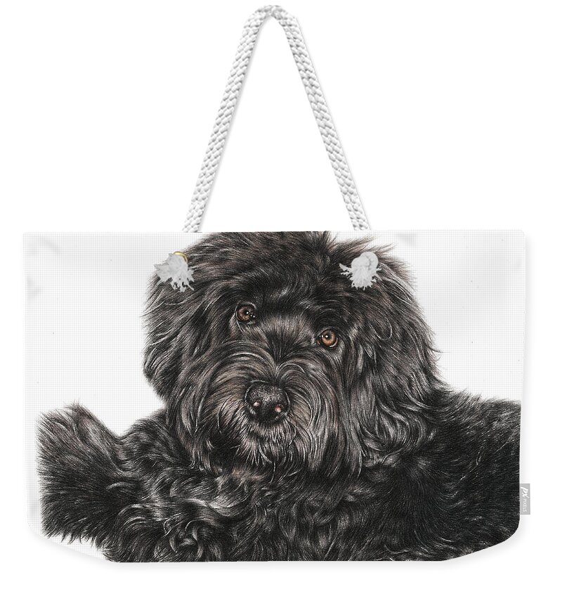 Portuguese Water Dog Weekender Tote Bag featuring the drawing Portuguese Water Dog Toby by Casey 'Remrov' Vormer