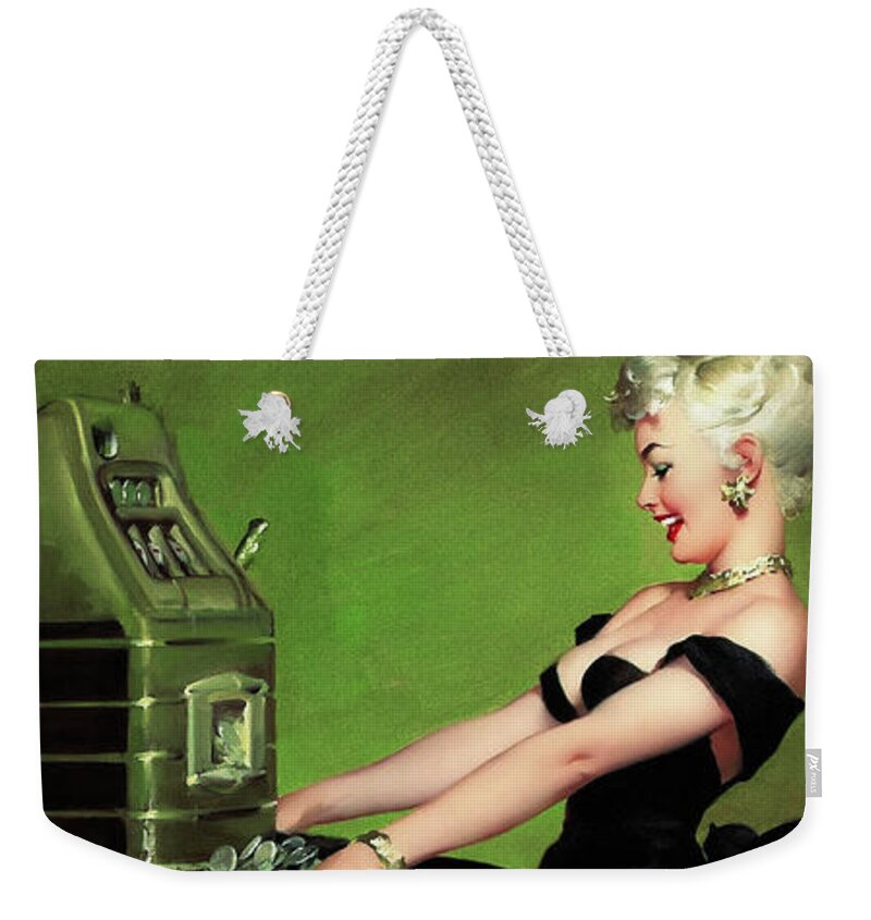 Pot Luck Weekender Tote Bag featuring the painting Pot Luck by Gil Elvgren Vintage Illustration Xzendor7 Art Reproductions by Rolando Burbon