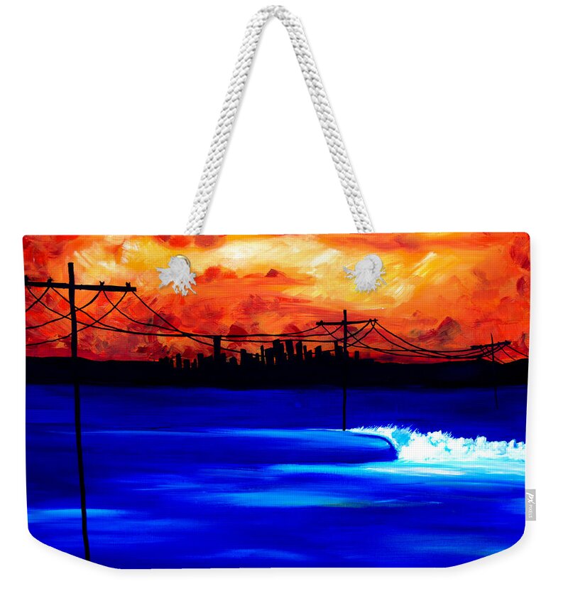 Power Trip Was Created To Mix Urban And Aquatic Scenery. I Was Inspired To Put Power Lines In For Showing Our Future State Of Global Warming. Surf Art Waves. Weekender Tote Bag featuring the painting Power Trip - surf art by Nathan Paul Gibbs