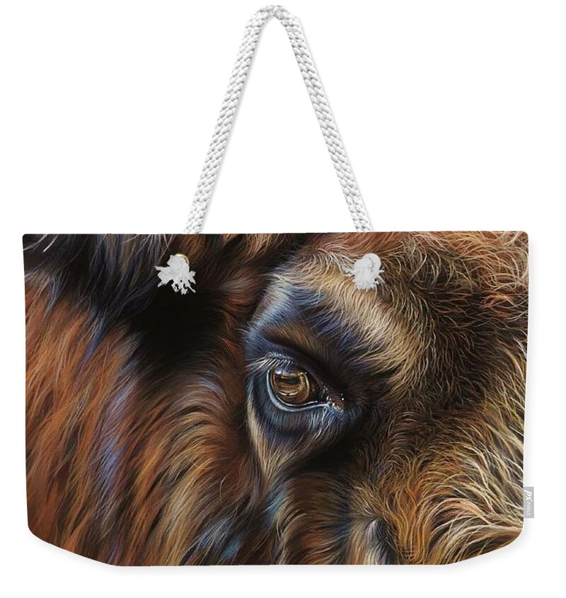 Bison Weekender Tote Bag featuring the drawing Powerful presence by Elena Kolotusha