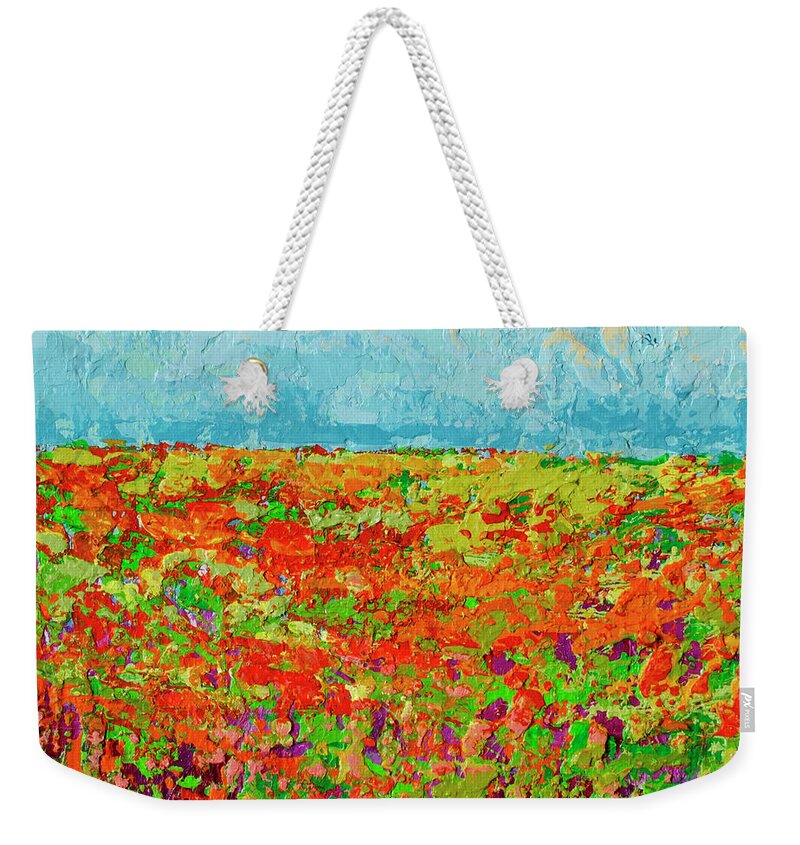 Sky Painting Weekender Tote Bag featuring the painting Prairie of WildFlower Field - Modern Impressionist Artwork by Patricia Awapara