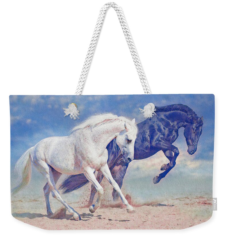 Two Horses Weekender Tote Bag featuring the digital art Prancing Horses - blue by Steve Ladner