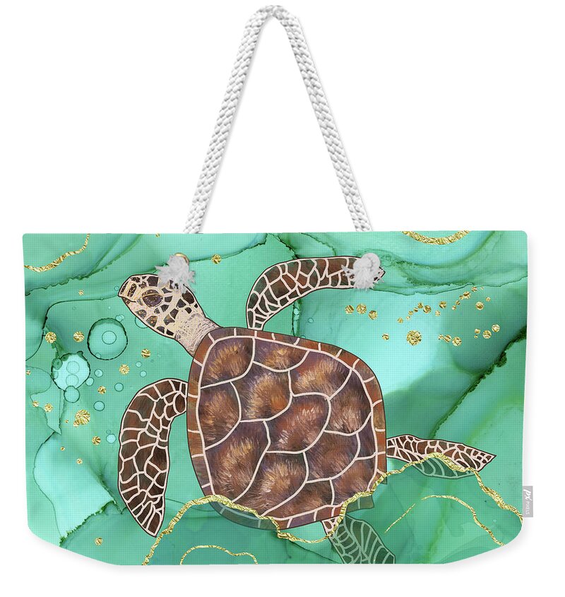 Hawksbill Turtle Weekender Tote Bag featuring the digital art Precious Hawksbill Turtle Swimming in Emerald Water by Andreea Dumez