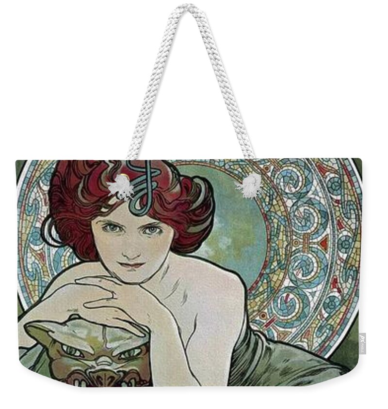 Antique Prints Weekender Tote Bag featuring the painting Precious Stones 1902 Mucha Art Nouveau Poster by Vincent Monozlay