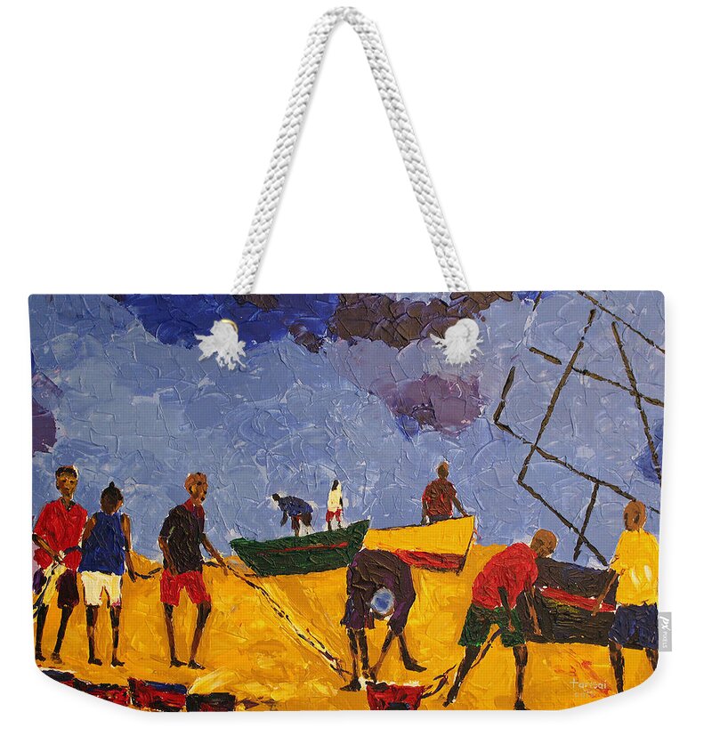 African Art Weekender Tote Bag featuring the painting Preparing For The Catch by Tarizai Munsvhenga