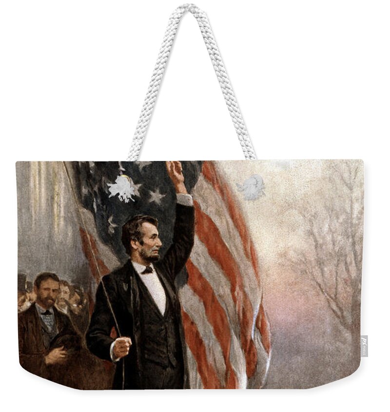 Abraham Lincoln Weekender Tote Bag featuring the painting President Abraham Lincoln Giving A Speech by War Is Hell Store