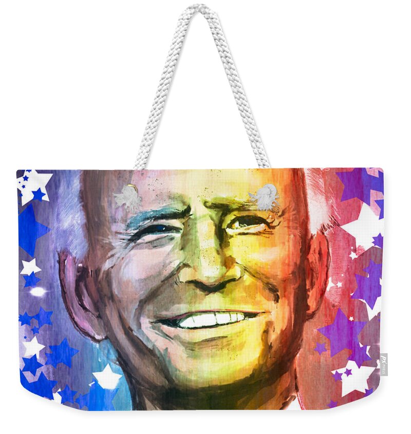 Biden Weekender Tote Bag featuring the mixed media President Biden - Rainbow by Eileen Backman