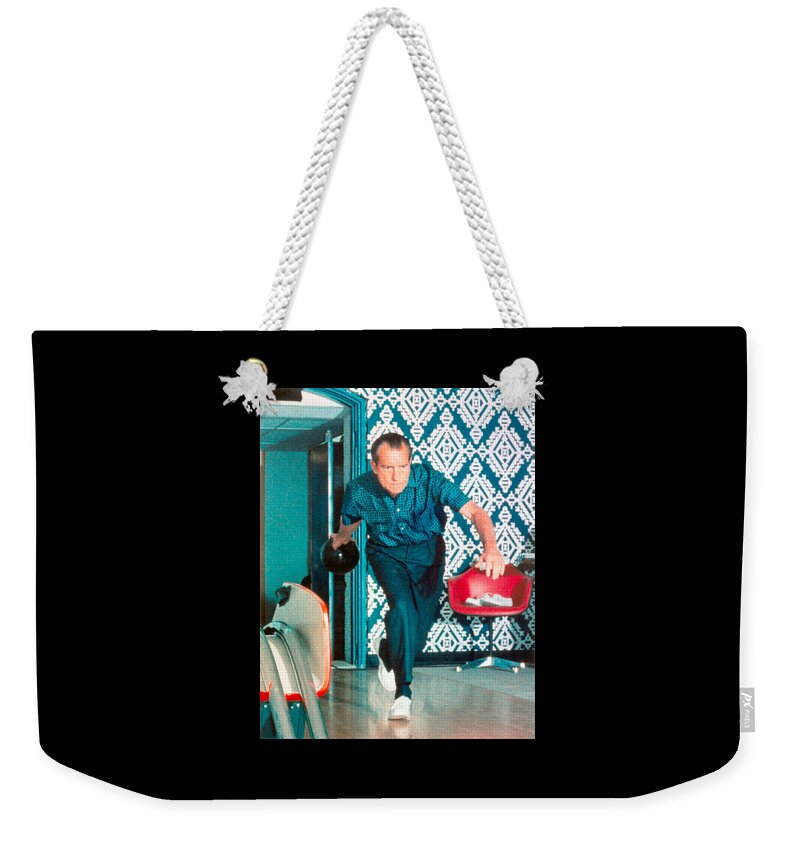President Nixon Weekender Tote Bag featuring the photograph President Richard Nixon Bowling At The White House - Color Version by War Is Hell Store