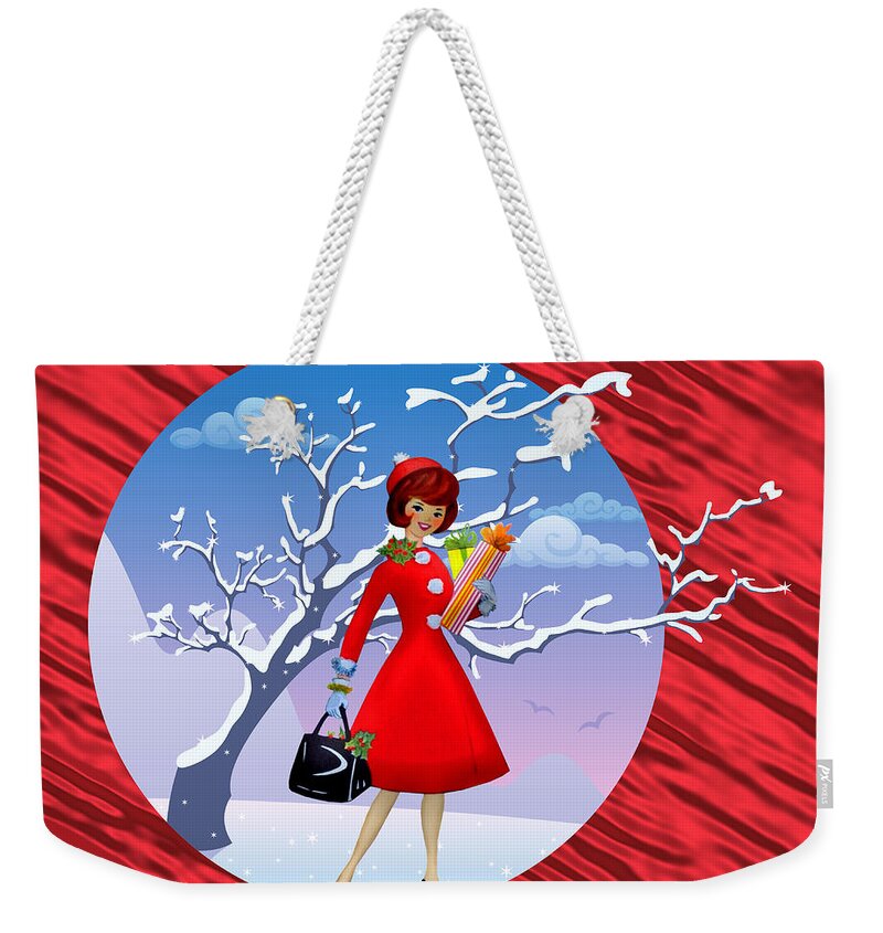 Christmas Presents Weekender Tote Bag featuring the digital art Pretty Christmas Girl Holding Xmas Presents by Caterina Christakos