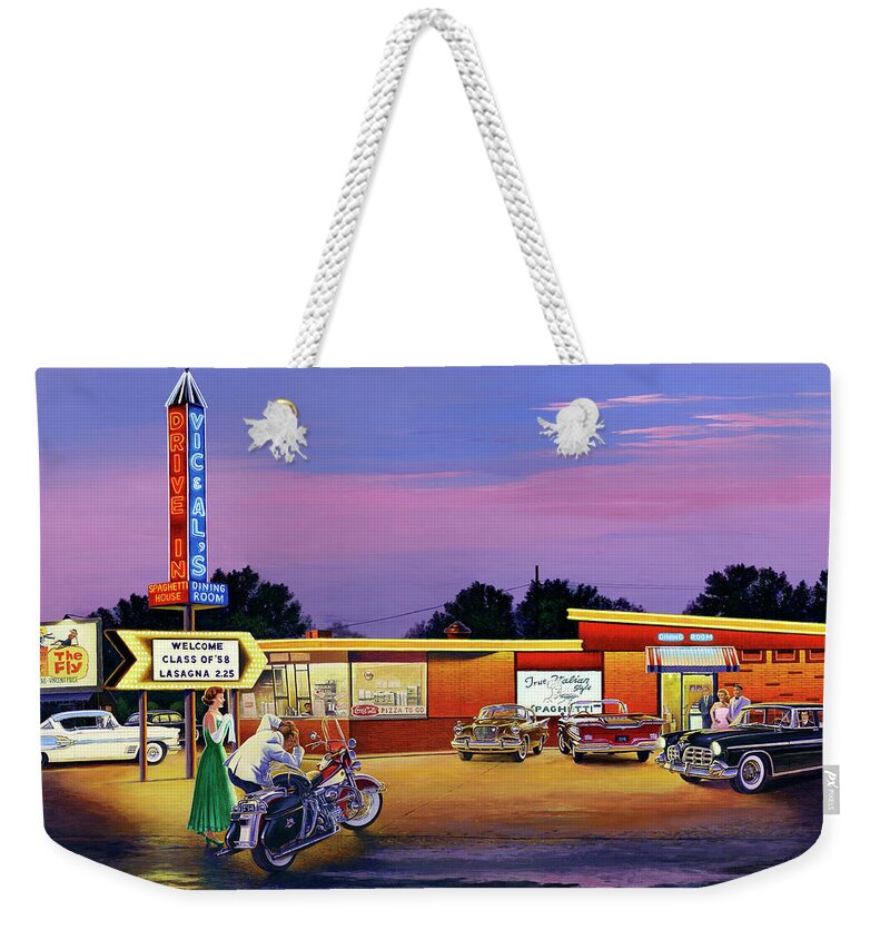 Prom Weekender Tote Bag featuring the painting Prom Night - Vic and Al's by Randy Welborn