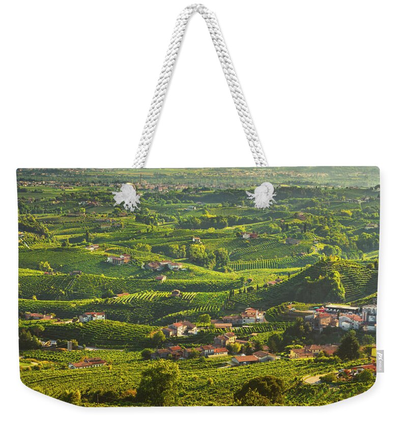 Prosecco Weekender Tote Bag featuring the photograph Prosecco Hills panoramic view of vineyards and wineries, Italy by Stefano Orazzini