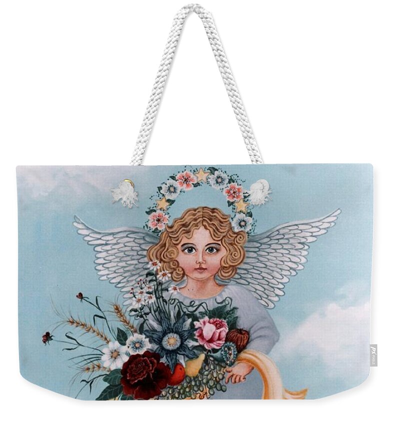 Christmas Weekender Tote Bag featuring the painting Prosperity Angel by Graciela Bello