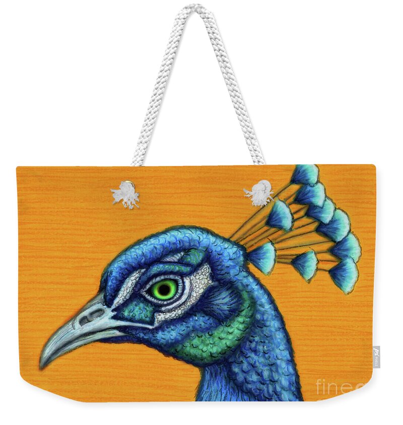 Peacock Weekender Tote Bag featuring the painting Proud Blue Peacock by Amy E Fraser