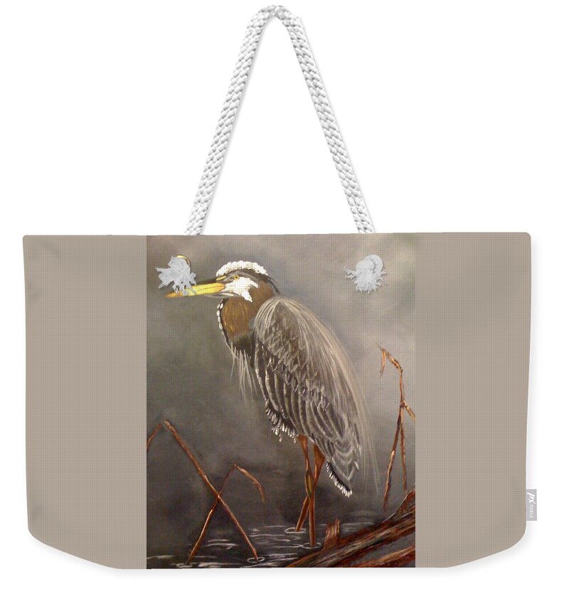 Brown Heron Weekender Tote Bag featuring the painting Proud Heron by Ruben Carrillo