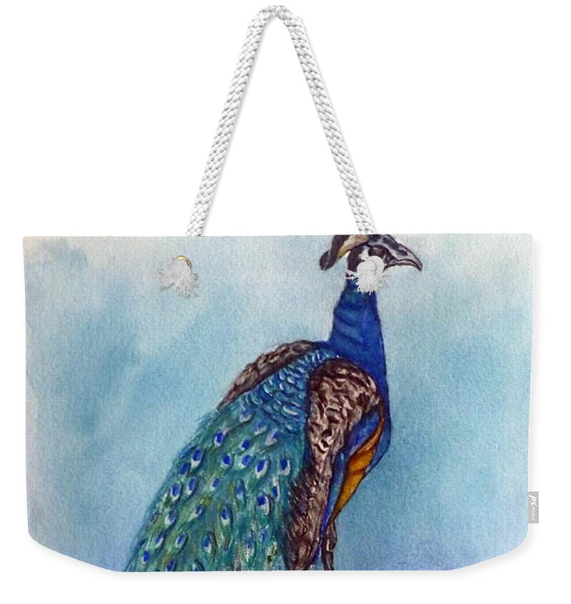 Peacock Weekender Tote Bag featuring the painting Proud Peacock by Kelly Mills