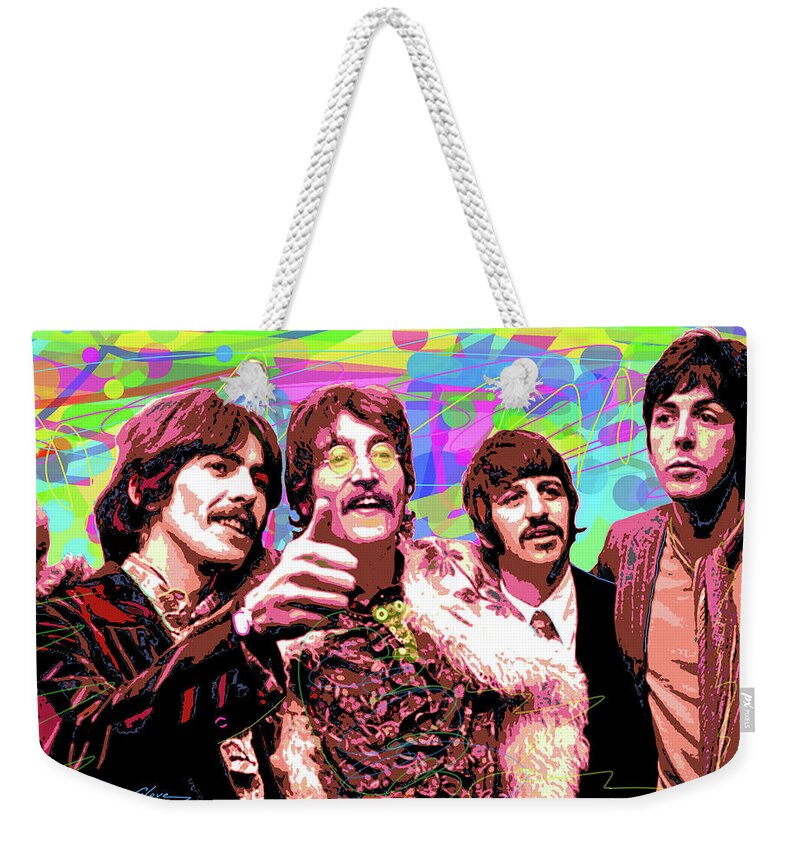 The Beatles Weekender Tote Bag featuring the painting Psychedelic Beatles by David Lloyd Glover