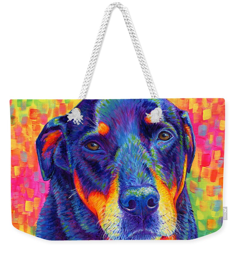 Rottweiler Weekender Tote Bag featuring the painting Psychedelic Rainbow Rottweiler by Rebecca Wang