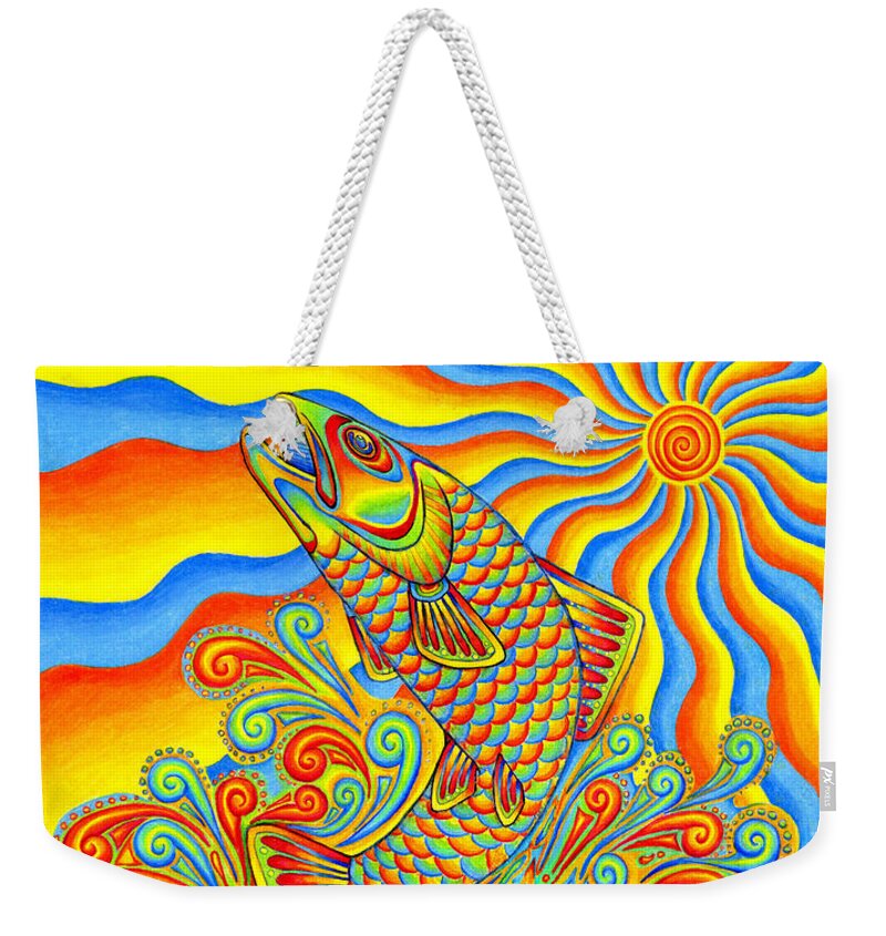 Psychedelic Weekender Tote Bag featuring the drawing Psychedelic Rainbow Trout Fish by Rebecca Wang