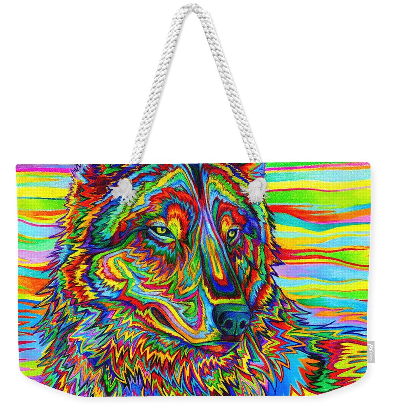 Psychedelic Weekender Tote Bag featuring the drawing Psychedelic Wolf by Rebecca Wang