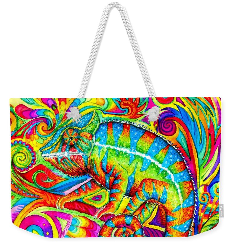 Chameleon Weekender Tote Bag featuring the drawing Psychedelizard - Psychedelic Rainbow Chameleon by Rebecca Wang