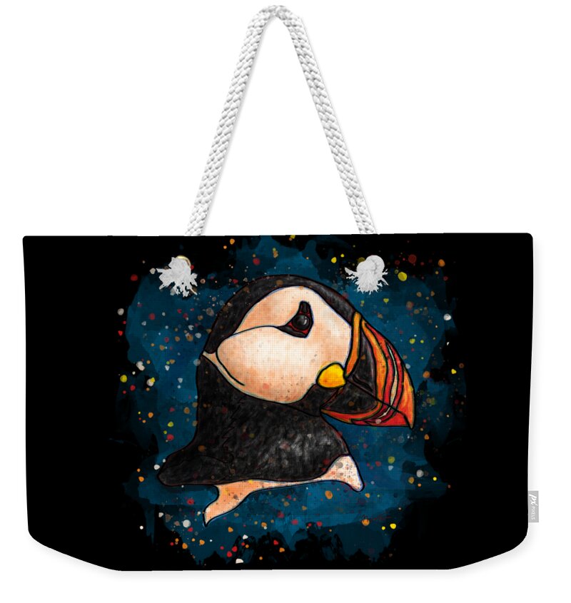 Puffin Weekender Tote Bag featuring the painting Puffin head on black background, Splatter art puffin by Nadia CHEVREL