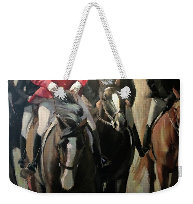 Horse Horses Foxhunt Animals Equestrian Oil Painting Contemporary Weekender Tote Bag featuring the painting Pulling on the rein by Susan Bradbury