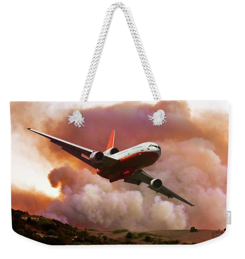 Mcdonnell Douglas Dc-10 Firefighting Aircraft Weekender Tote Bag featuring the mixed media Pulling Up and Away from the Wildfire by Erik Simonsen