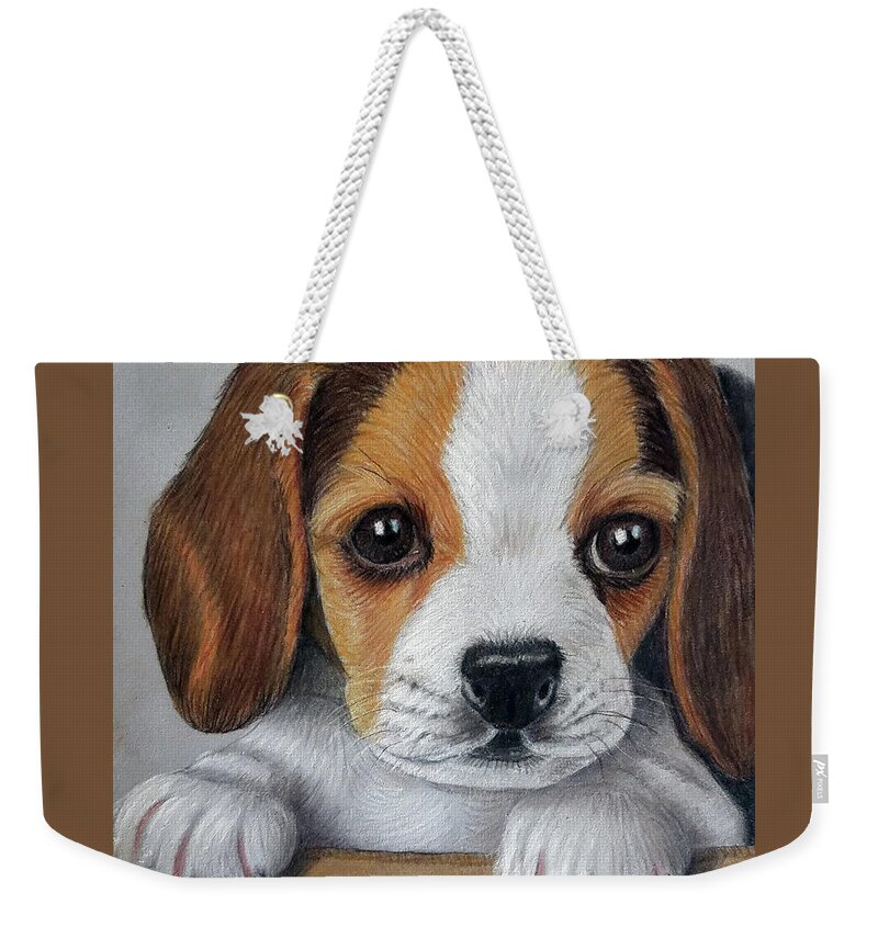 Beagles Weekender Tote Bag featuring the drawing Puppy Love by Lorraine Foster
