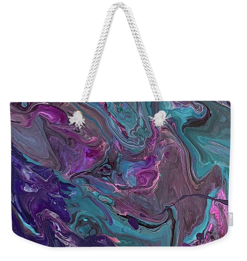 Marbling Weekender Tote Bag featuring the painting Purple and Teal Marbling by Lisa Neuman
