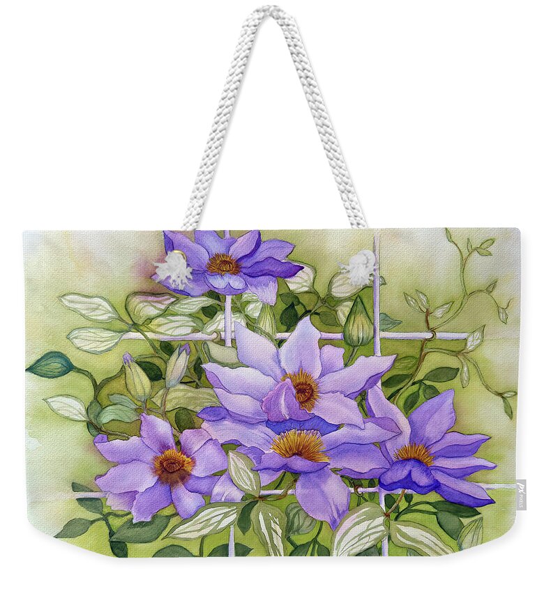 Flowers On Trellis Weekender Tote Bag featuring the painting Purple Clematis Jackmanii On White Trellis by Deborah League