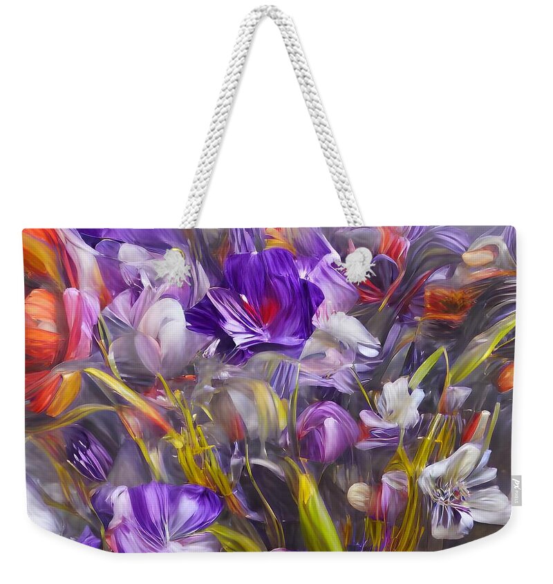 Abstract Weekender Tote Bag featuring the digital art Purple Flowers by Beverly Read