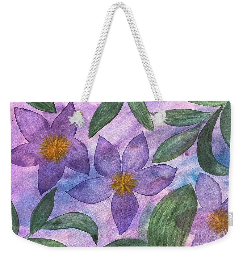 Purple Flowers Weekender Tote Bag featuring the painting Purple Flowers by Lisa Neuman
