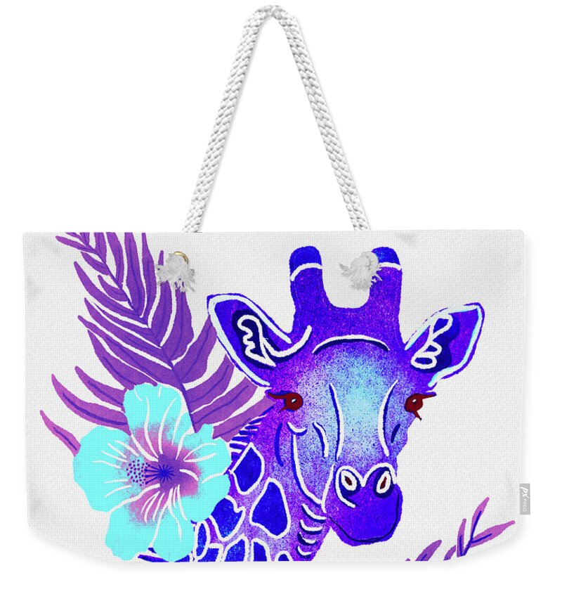 Purple Weekender Tote Bag featuring the painting Purple Giraffe Tropical Jungle Safari by Christina Wedberg