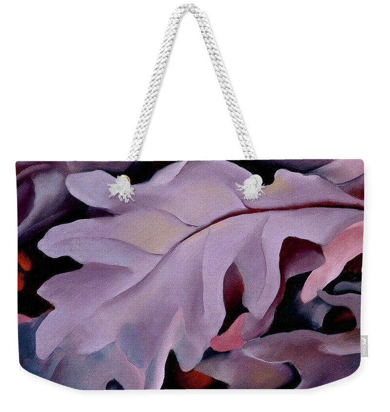 Georgia O'keeffe Weekender Tote Bag featuring the painting Purple leaves - Abstract modernist nature painting by Georgia O'Keeffe